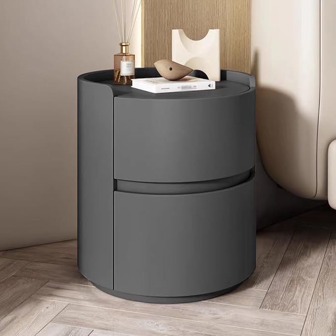 Wooden Nightstand Table with Drawer, Leather Bedside Storage for Bedroom and Living Room, Modern Round Design