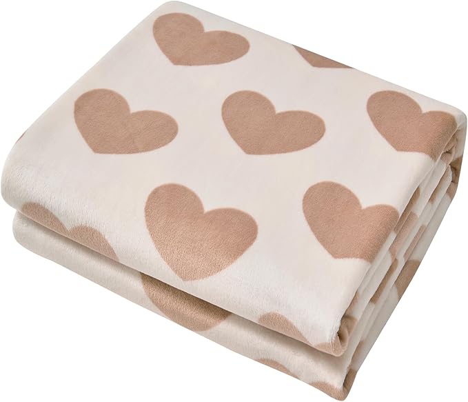 FY FIBER HOUSE Heart Flannel King Blanket Soft Cozy Blankets for Lover Gifts All Season Use, 90x108 Inches, Khaki