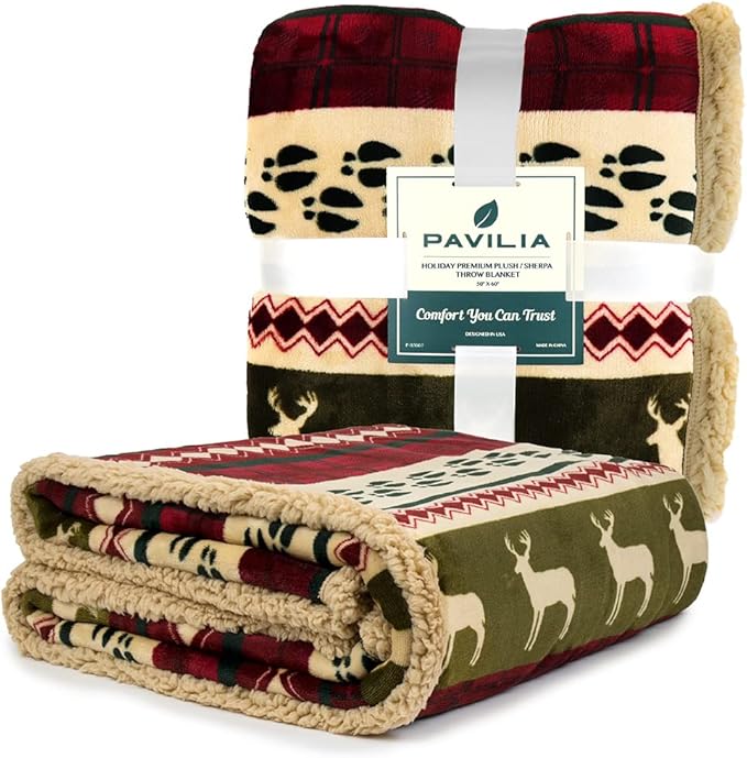 PAVILIA Premium Christmas Sherpa Throw Blanket, Green Red Cabin Design with Reindeer Print, Ultra Soft Reversible Fleece & Sherpa 60x80 Cozy Winter Blanket, Cozy Christmas Holiday Decor