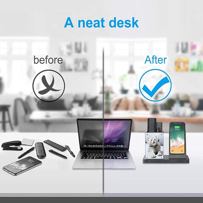 KINGFOM PU Leather Desk Organizer Pen Pencil Holder with Wireless Charger Stand, 10W Fast Wireless-Charging for iPhone 11, 11 Pro, 11 Pro Max, XR, Xs Max, XS, X, 8, 8 Plus(Gray)