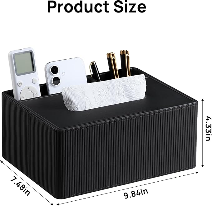 Tissue Box Cover Rectangle with 2 Compartments Remote Holder, PU Leather Tissue Box Holder Rectangle for Livingroom NightStand, Tissue Holder for 120(3-Ply)/160(2-Ply) Tissue Box (Black)