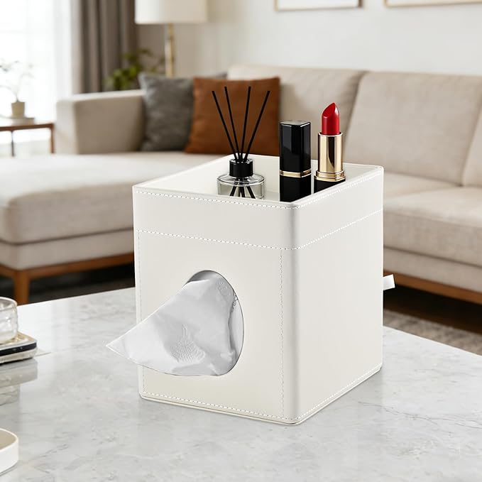 Tissue Box Cover with Storage Tray Square Tissue Box Holder PU Leather Facial Tissues Organizer Tray for Bathroom Vanity Bedroom Office Car,Stylish Napkin Caddy Decorative Organizer,Cream White