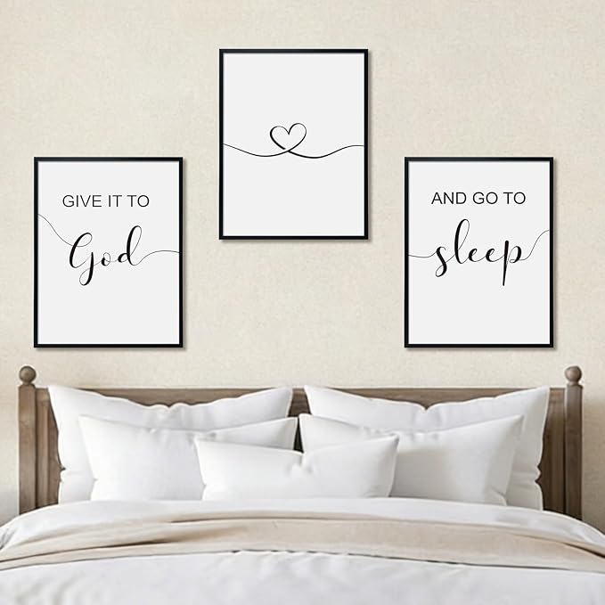 Bnesi Large 3 PCS Bedroom Wall Decoration Give It To God and Go To Sleep Sign Bedroom Wall Decor Set Black And White Wall Art for Bedroom Wall Decor Above Bed Unique Wall Art (God)