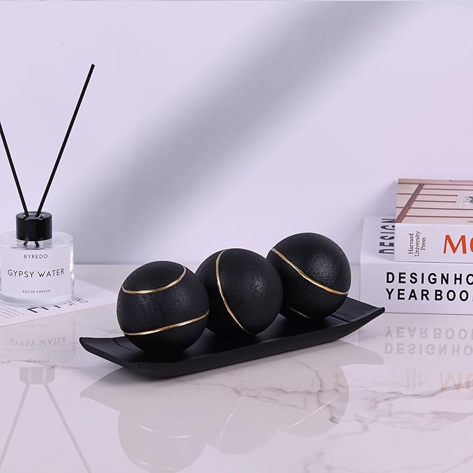 LCCCK Decorative Tray with Balls Set, Black Gold Decor Orbs TV Stand, Coffee Table Centerpiece, Elegant Orbs Decorative Balls for Dining Kitchen Console Fireplace Decor Centro De Mesa De Comedor