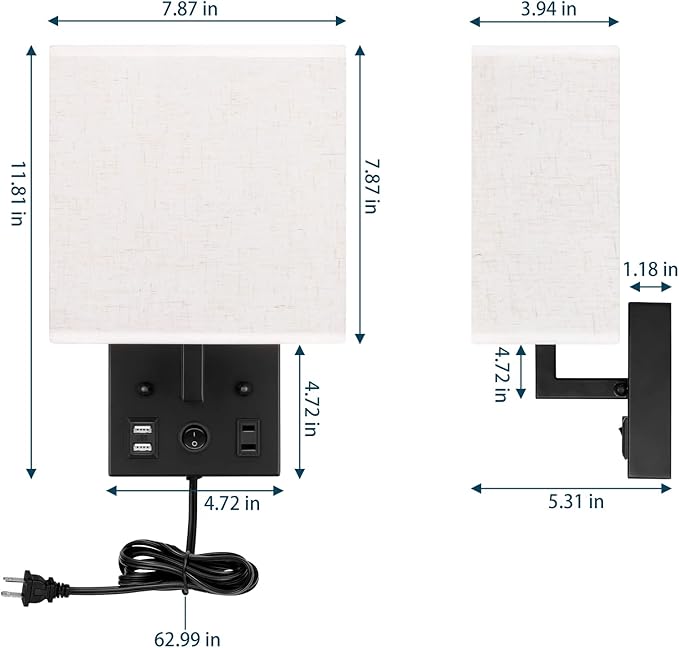 Black Wall Sconces Set of 2, Bedside Wall Lights for Bedroom, Plug in Wall Sconce with USB Ports and Outlets, Modern Wall Lamp for Mirror Kitchen Living Room Hallway, E26 Base (LED Bulbs Included)