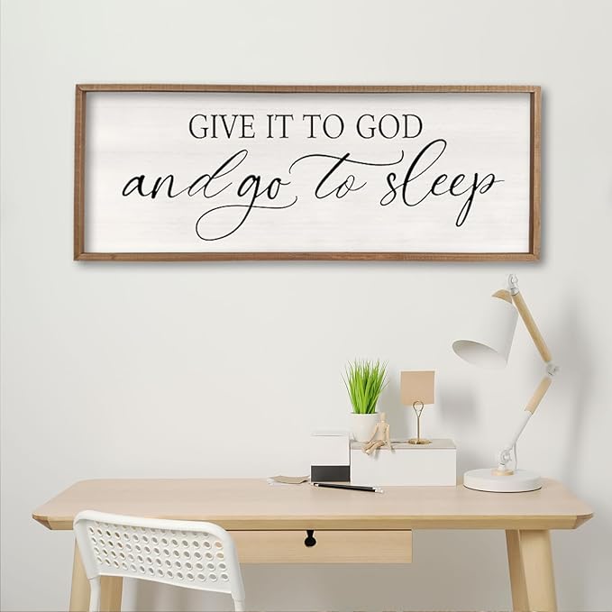 comurdyo Christ Religious Wall Decor Give It To God And Go To Sleep Sign 40"×15" for Christian Prayer Holy Modern Rustic Simple Master Bedroom Above Over Bed Wall Decor Plaque Hanging (Wood)