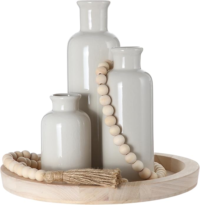5 Pcs Rustic Country Tabletop Centerpieces Decor Set of 3 Boho Ceramic Vases with Wooden Serving Tray Wood Bead Garland Tassels Table Holder for Home Decorations (Wood Color)