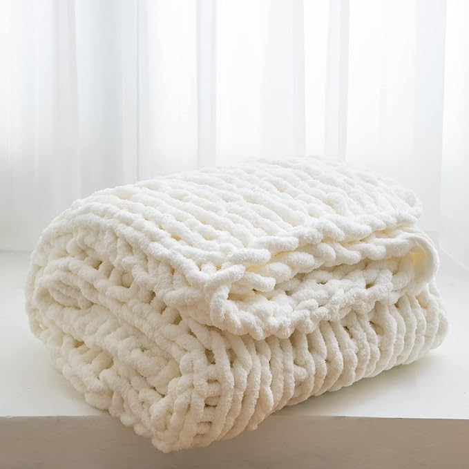WESHIONGOO Chunky Knit Throw Blanket 51"×63" Knitted Throw Blankets for Couch Bed Fluffy Soft Blanket with Jumbo Chenille Yarn Thick 100% Handmade (Cream White)