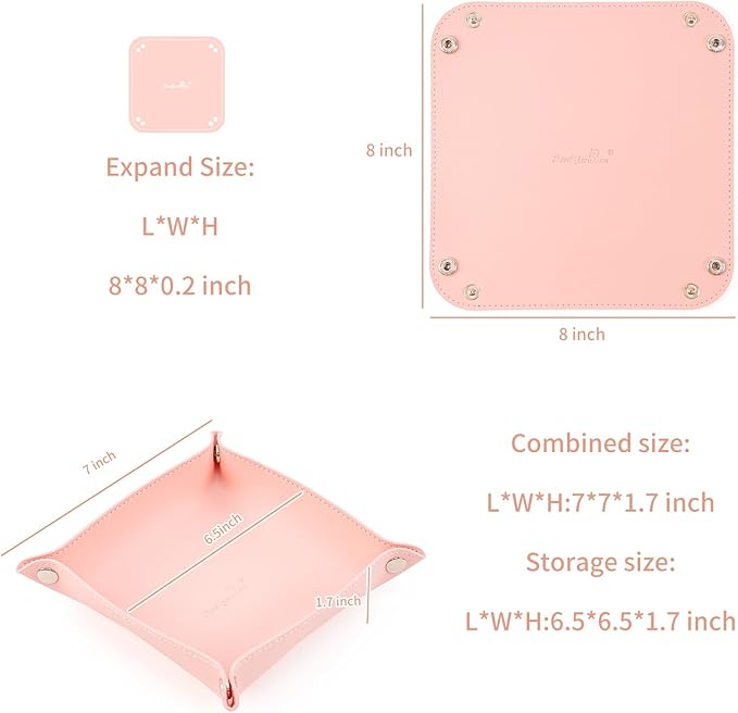 SANQIANWAN PU Leather Arc Edge Jewelry Valet Tray for Man and Women, Portable Mini Entryway Table Tray Bedside Nightstand Desk Tray Small Travel Dish Plate for Key,Wallet,Watch,Coin (Pink)