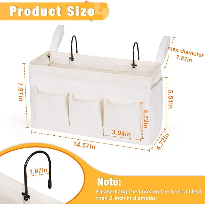 Bedside Caddy Organizer with Fixed Straps and Water Bottle Holder for Home, College Dorm, Hospital, Crib and Bunk Bed (2pcs White)