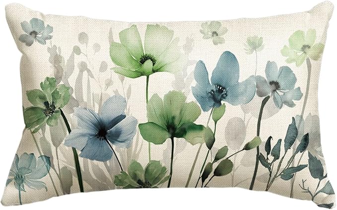 AVOIN colorlife Poppy Flowers Chinoiserie Fall Throw Pillow Cover, 12 x 20 Inch Blue Sage Green Seasonal Leaves Cushion Case Decoration for Sofa Couch Farmhouse