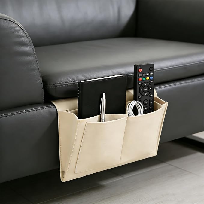 2Pcs Bedside Pocket Storage Holder, Felt Hanging Bed Caddy Organiser Bag, Sofa Bunk Beds Organizer for Mobile Phone, iPad, Remote Control, Books, Glasses, Magazine (Gray and Beige)