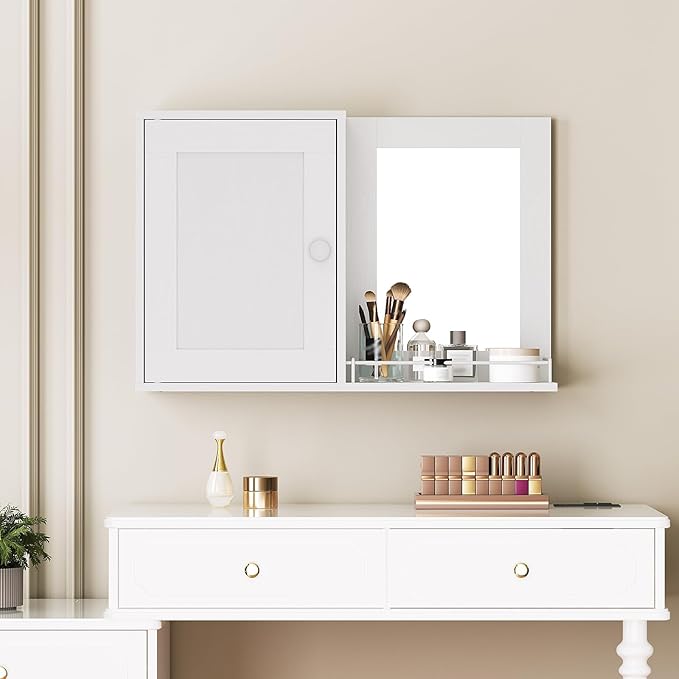 Medicine Wall Cabinet with Mirror, Bathroom Mirror with Storage, Medicine Cabinet Mirror, Wall Mounted Home Storage, Adjustable Shelf, for Laundry Room, Bedroom, Camper, Hallway, White