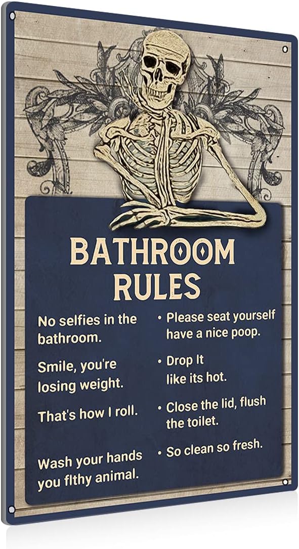BEASTZHENG Funny Skull Bathroom Rules Metal Tin Sign Wall Decor - Vintage Bathroom Quote Tin Sign for Toilet Restroom Washroom Home Decor Gifts
