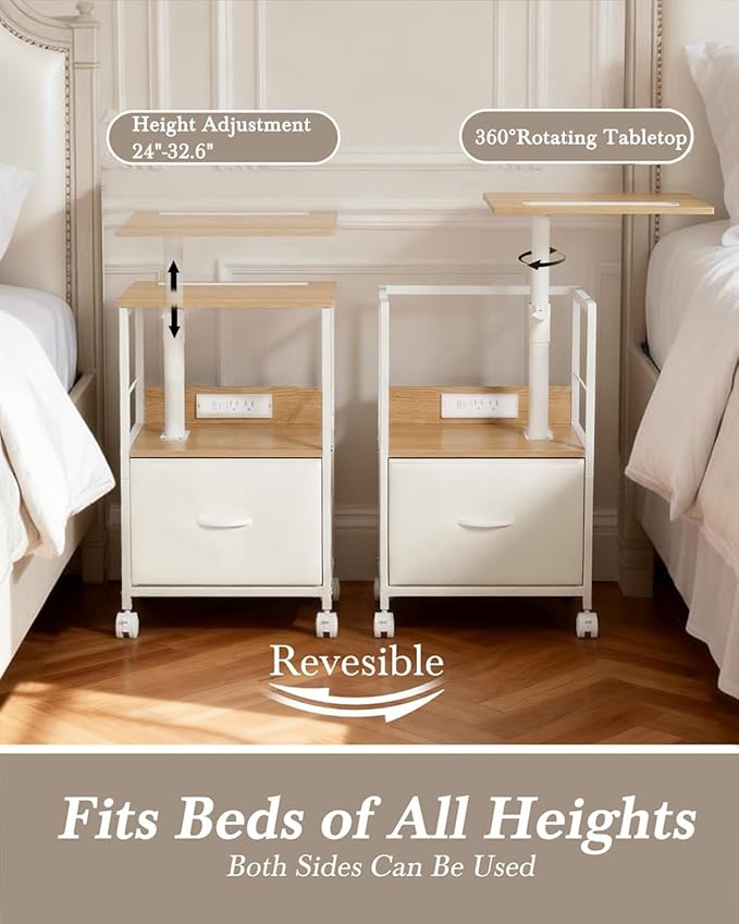 360° Swivel Nightstand with Height Adjustable, Lift Top Bedside Table with Charging Station, Rolling Night Stand with Fabric Drawer, End Table with Wheels, for Bedroom, Living Room, Natural White
