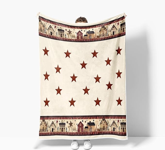 JAWO Rustic Country Throw Blankets, Primitive Barn Star Cozy Warm Bed Couch Blanket, Christmas Farmhouse Theme Fleece Flannel Throws to Decorate The Room and Bedroom 60X90IN