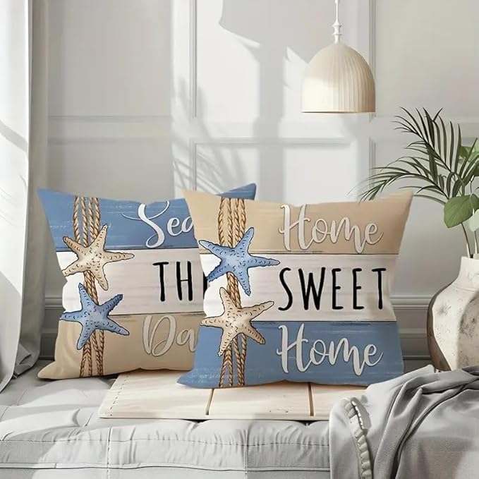 Beach Theme Throw Pillow Covers, 18x18 inches, Set of 4, Coastal Seashell and Starfish Design, Decorative Linen Cases for Living Room
