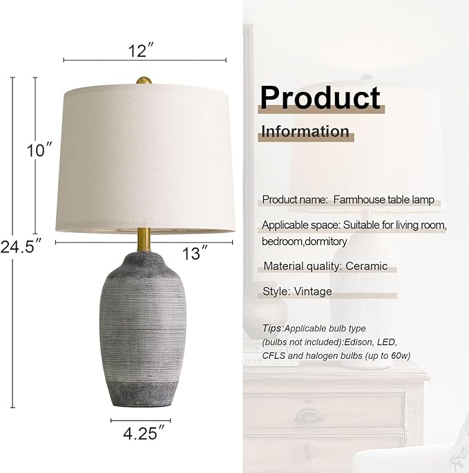 24.5" Vintage Ceramic Table Lamp with 5FT Cord,Single Farmhouse Rustic Bedside Lamp with Natural Textured Finish, Nightstand Lamps for Living Room, Bedroom End Table Office Rustic Black & Gray
