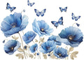 Blue Flower Wall Decals Peel and Sticker DIY Floral Butterly Wall Stcikers Murals for Girls Bedroom, Living Room, Kids Room Wall Decor