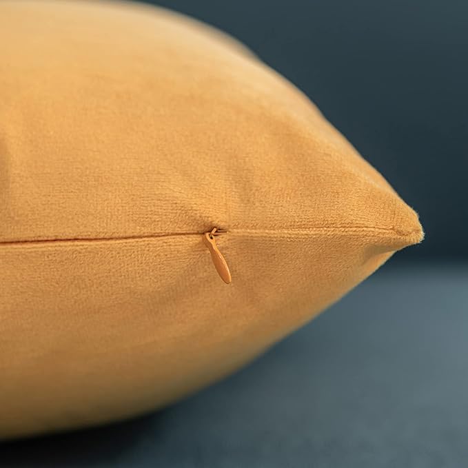 DEZENE Throw Pillow Covers 16x16 Mustard Yellow: Pack of 2 Cozy Soft Velvet Square Modern Luxury Decorative Throw Pillow Cases for Sofa Couch Living Room Bed Home Decor