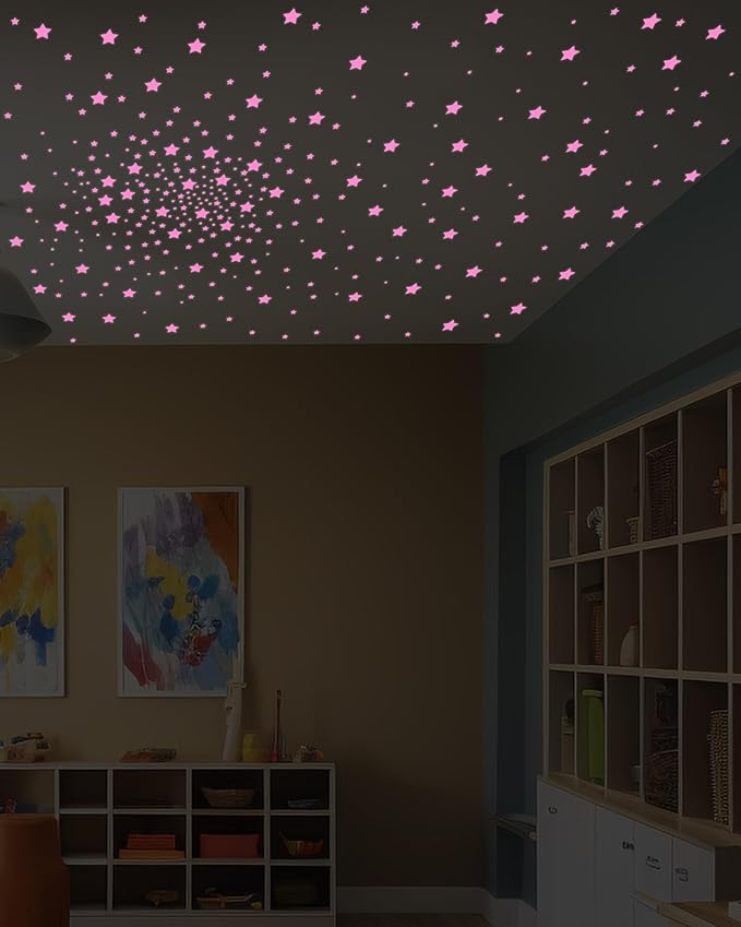 Greingways 201 Pcs Glow in The Dark Stars Stickers for Ceiling Bedroom, Stocking Stuffers for Kids Ages 3-5, 4-8, 8-12, Boys Girls Room Decor Wall Stickers Stocking Stuffers for Toddler-Pink