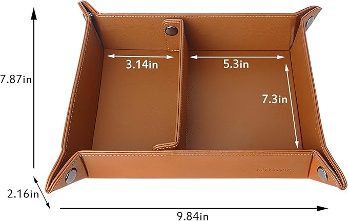 LUCKYCOIN Valet Tray Desktop Storage Organizer,Vegan Leather Jewelry Tray,Removable 2 Compartments Catchall Bedside Vanity Nightstand Caddy Holder Desk Storage Plate 12.6 in - Brown