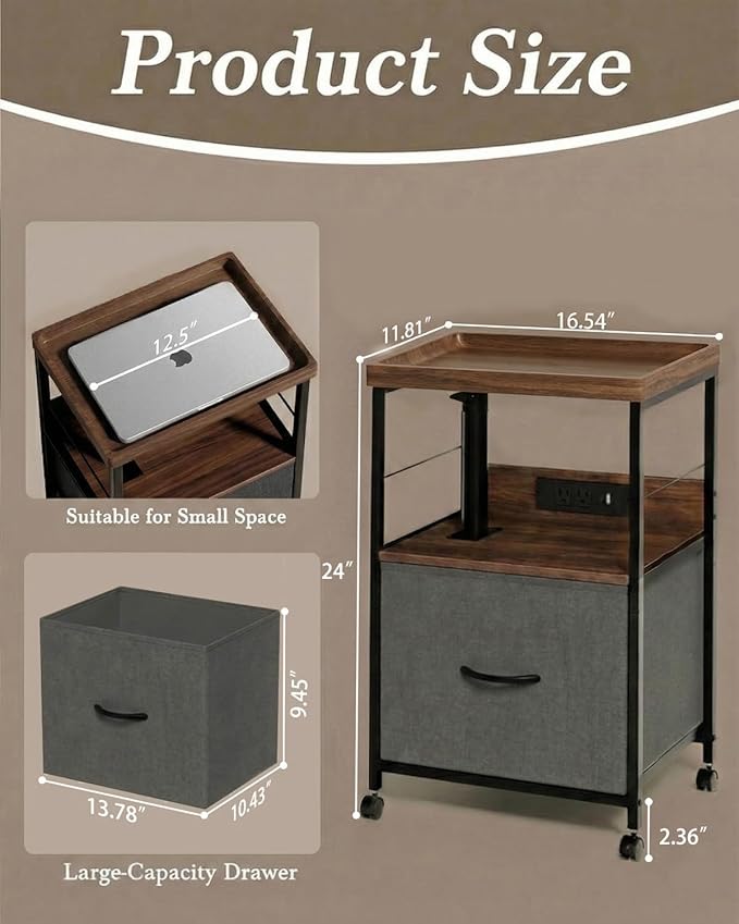 Swivel Lift Top Nightstand with Charging Station, Vacuum Forming Adjustable Bedside Table, Rolling Night Stand with Wheels, Small End Table with Fabric Drawer, for Bedroom, Living Room, Walnut Gray