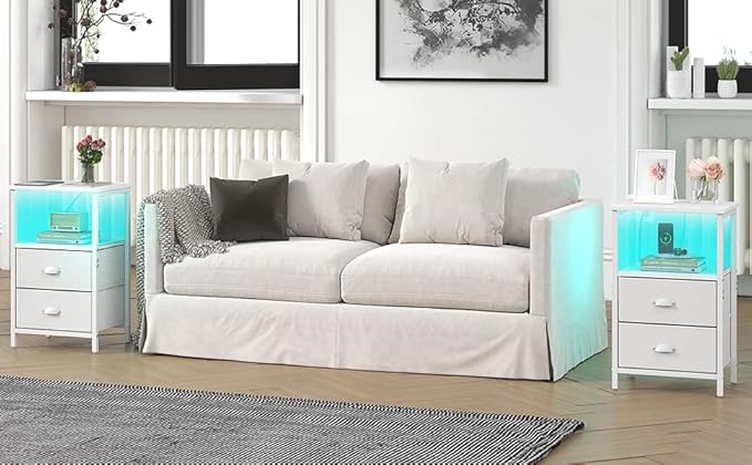 Nightstand with Charging Station, LED Night Stand Set 2, Bedside Table End Tables Set of 2, Bedroom Tables with 2 Fabric Drawers PU Finish, 3-Tier Storage Side Table for Bedroom,White