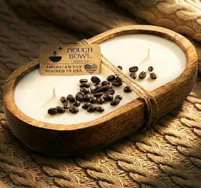 Dough Bowl Candle Co. Vanilla Latte Soy Candle - 3 Wick Rustic Farmhouse Decor Odor Eliminator in Wooden Bowls, 20 Oz Wooden Dough Bowl Candle, All-Natural Gifts for Women or Men, Coffee Table Decor