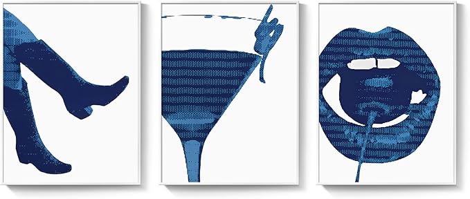 Framed Navy Blue Pop Wall Art for Room Decor, 3 Piece Funky Cocktail Boot Lip Artwork for Walls, Trendy Preppy Canvas Prints, Modern Blue Picture for Living Room Bedroom Apartment Wall Decor, 12x16 In