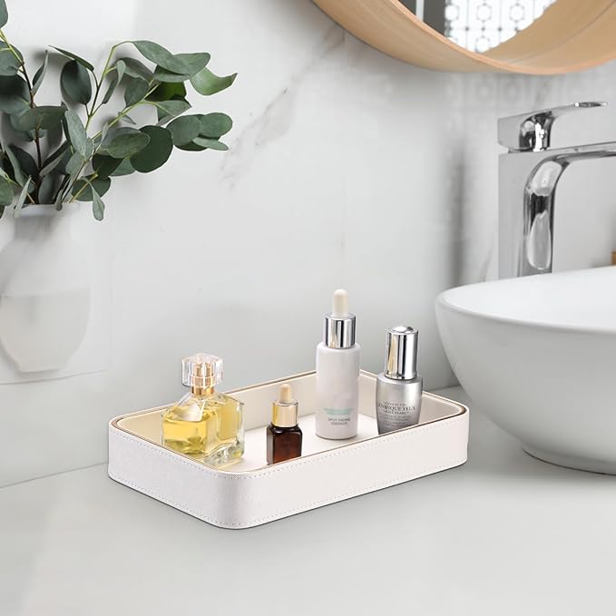 PU Leather Valet Tray Key Dish for Entryway Table Cologne Perfume Makeup Organizer for Dresser Vanity Decorative Tray for Phone Wallet, 9.5" x 6.1" x 1.5"