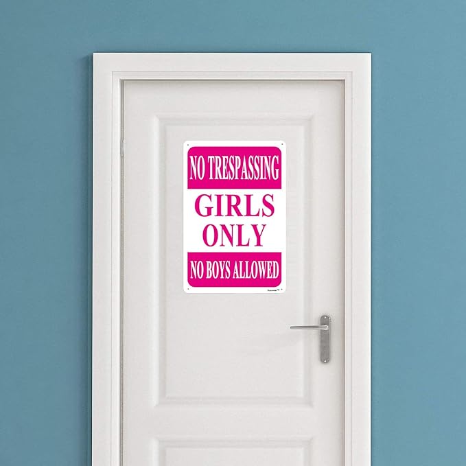 8"x12" Aluminum Sign, No Trespassing Girls Only Sign, No Boys Allowed Sign Girls Rule Pink Metal Sign for Girls Cave Bedroom Kids Room Decor