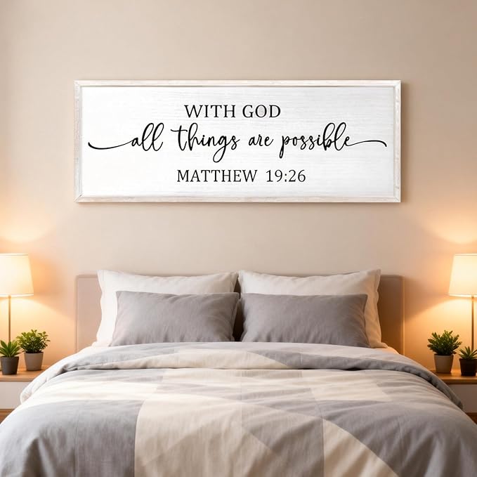 With God All Things are Possible Framed Wall Art, 40''×15'' Vintage Holy Religious Rustic Bible Verse for Christian God Jesus Christ Prayer, Positive Horizontal Inspirational Catholic Scripture Decor