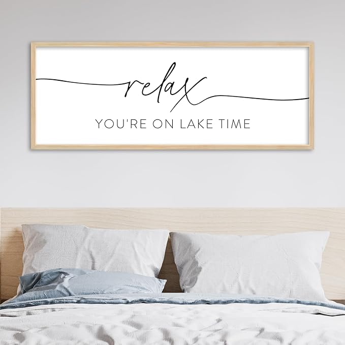 SRSZHIYUE Relax You're On Lake Time Wall Decor Above Bed Sign 32"×12" for Lake House Bedroom Over Bed Large Vintage Wood Framed Farmhouse Lake Lover Home Hanging Art (Wood)
