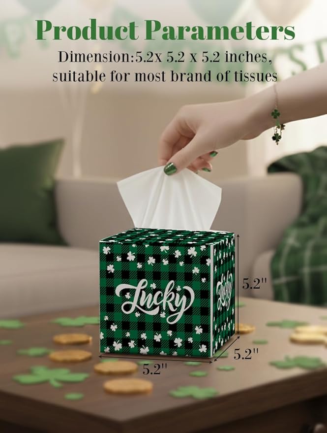 St.Patrick's Day Napkin Tissue Box Cover, Buffalo Plaid Shamrock Lucky Waterproof Leather Paper Organizer Dispenser for Table Dining, Bathroom, Nightstand Vanity, Car, Housewarming Gift Ideas, D