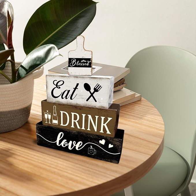 4 Pcs Farmhouse Kitchen Table Decoration Wooden Tiered Tray Decor Rustic Plate Tableware Centerpiece Block Sign for Kitchen Dinging Room Shelf Desk Decoration