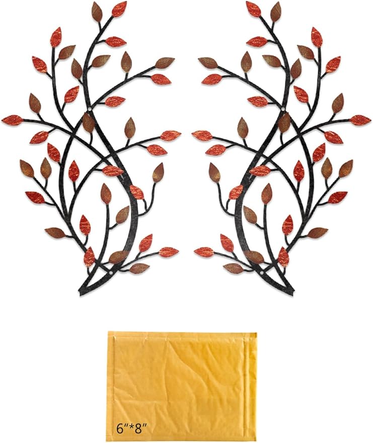 Meltset Metal Tree Leaf Wall Decor, Vine Olive Leaf Branch Wall Art, Wrought Iron Scroll Artwork, Decorative Wall Sculptures Above The Bed, Living Room, Hallway, Indoor and Outdoor（S/Red）