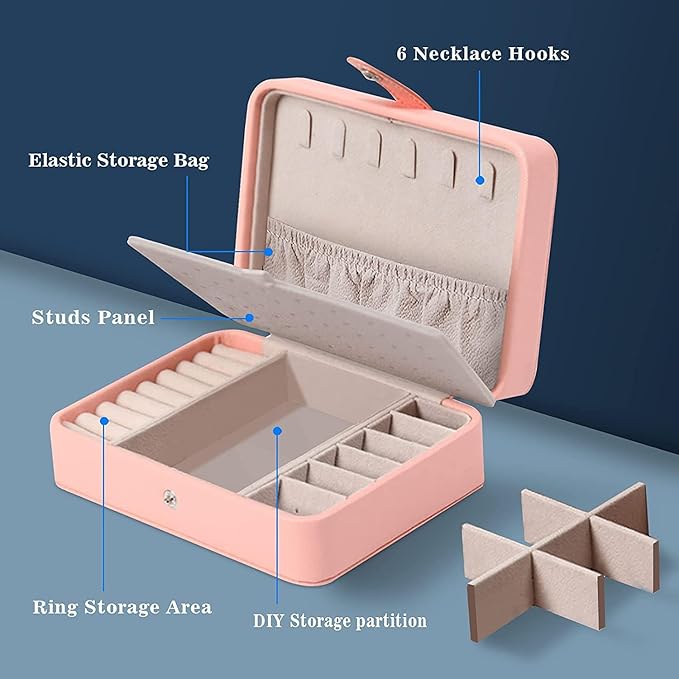 Travel Jewelry Organizer Box with Compartments, Small Jewelry Case with Necklace Hooks Ring Slots and Removable Dividers for Storage and Organization
