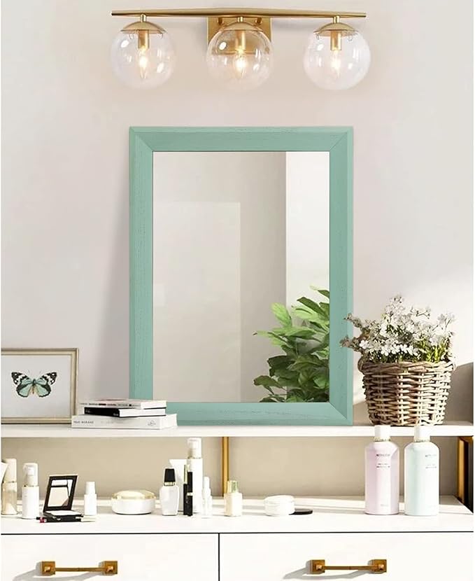 AAZZKANG Wood Framed Mirror Rectangle Modern Farmhouse Wall Mirrors Decor Large 20"x16" for Bedroom Living Room Bathroom Dressing Room Green