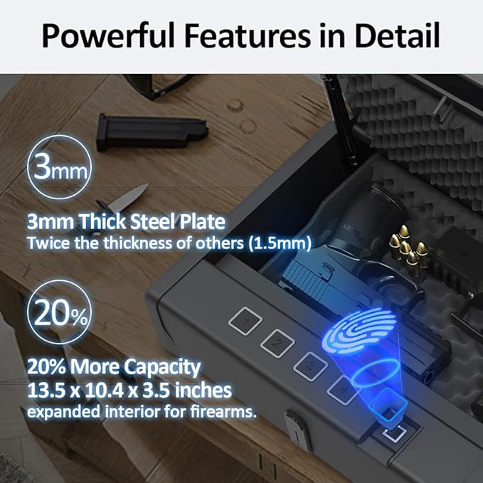 HARDROCK Gun Safe for Pistols, Biometric Wall Mounted Handgun Safe Box for Desk, Bedside,Truck，Drop Down Quick Access Security Safe with Fingerprint Keypad Lock for Home nightstand
