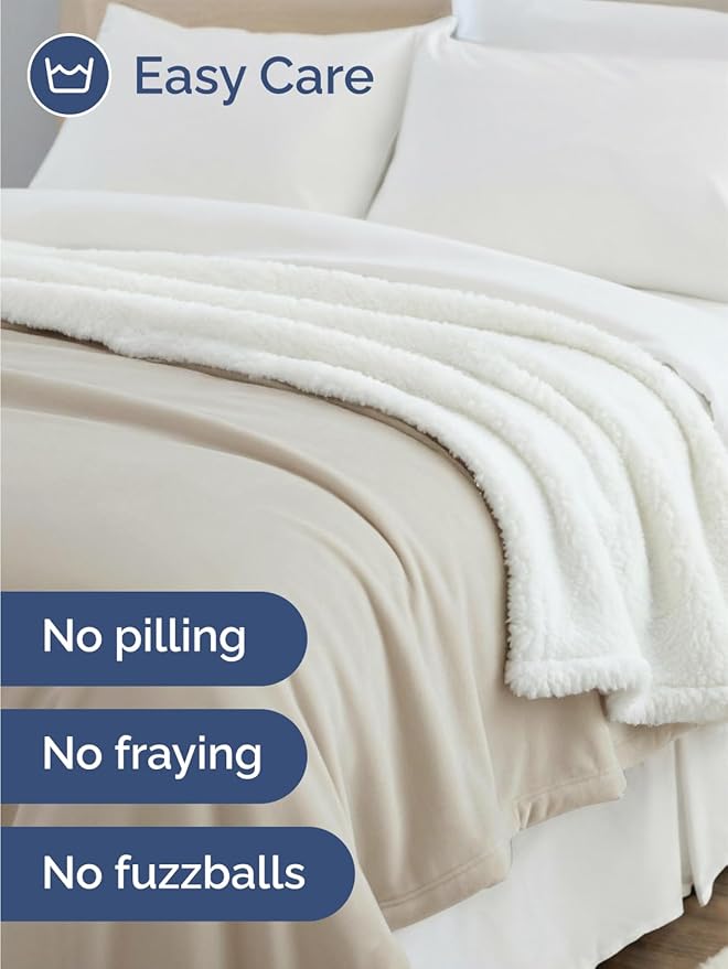 Sherpa Fleece Blanket Throw Size - Reversible Sherpa Fleece Throw Blanket - Super Soft Double Sided for Bed, Sofa, Couch - Thick, Warm, and Plush - Luxurious Bedding for Winter - Cream, 50" x 60"