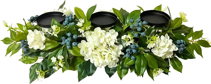 Svndlyn All Season Candle Holder Centerpiece for Table with Artificial Blueberry,White Hydrangea and Eucalyptus Leaf for Table Centerpiece Decor,Dining Room,Party Home Decor