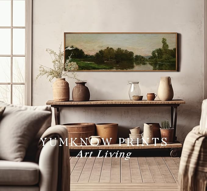 Rolled Canvas Vintage Farmhouse Bedroom Wall Decor Above Bed - Horizontal Wall Art Entryway - 16x48 - Panoramic Landscape Picture Sign - Canvas Muted Moody Pond Boat Cottagecore Fishing Print Poster