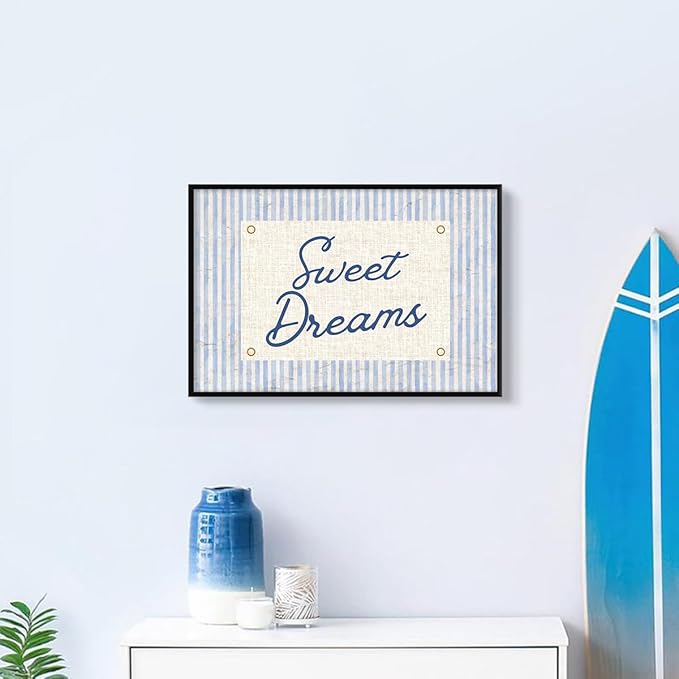 Sweet Dreams Canvas Wall Art, Navy Blue Stripes Positive Quote Poster, Sweety Daily Reminder Above Bed Wall Decor, Modern Inspiring Uplifting Typography Print for Bedroom 8x12in Framed