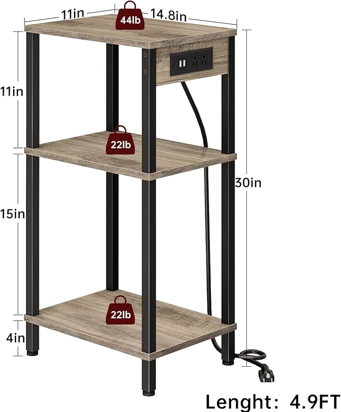 Tall End Table with Charging Station and USB Ports, 3 Tier Narrow Tall Bedside Table with Storage, Slim Nightstand with Outlets for Bedroom, Living Room, Office, Greige