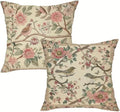 Vintage Floral Bird Print Decorative Throw Pillow Covers, Beige with Pink Flowers and Green Leaves, Traditional Garden Design, 2-Pack， 18x18 Pillows Linen Pillowcase