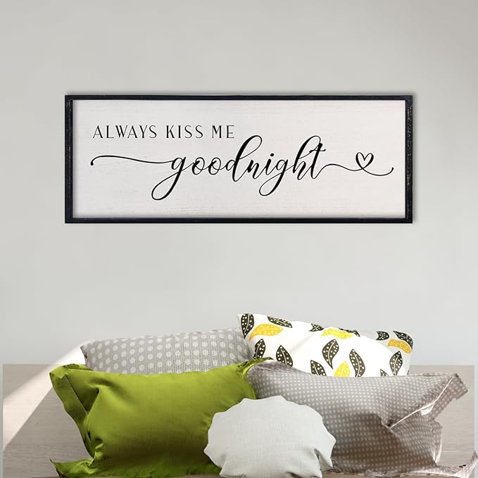comurdyo Love Theme Always Kiss Me Goodnight Sign 32"×12" Romantic Couple Large Master Bedroom Above bed Wood Frame for Framed Rustic Farmhouse Minimalist Horizontal Wall Art Decor (Black)