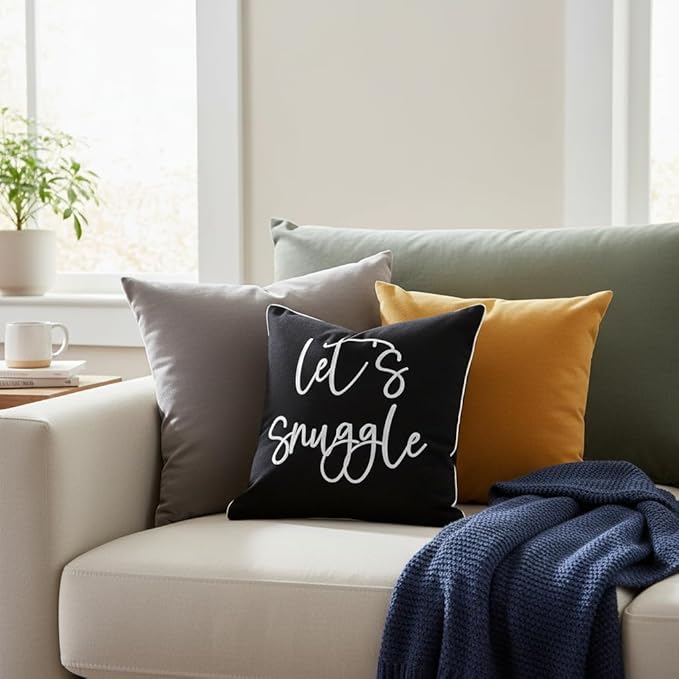 Sunkifover Let's Snuggle Decorative Throw Pillow Cover - 18" x 18" Black and White Cotton Embroidery Suqare Throw Pillowcase for Bed, Bedroom, Living Room, Home Decor