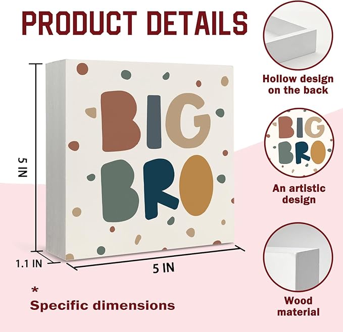 Lacama Boho Boy Nursery Wooden Box Sign, Big Brother Decorations Wood Block Signs, Twin Room Wood Sign for Toddler Boys Room Bedroom Playroom Desk Shelf Wall Decor 5x5 Inches