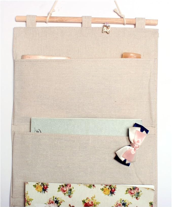 Co-link Linen/Cotton Fabric Wall Door Cloth Hanging Storage Pockets Books Organizational Back to School Office Bedroom kitchen rectangle Home Organizer Gift (4 Pockets)